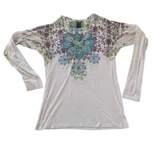 Ojai Long Sleeve Top Womens Medium Cream Boho Mandala Print V-Neck Slub Knit